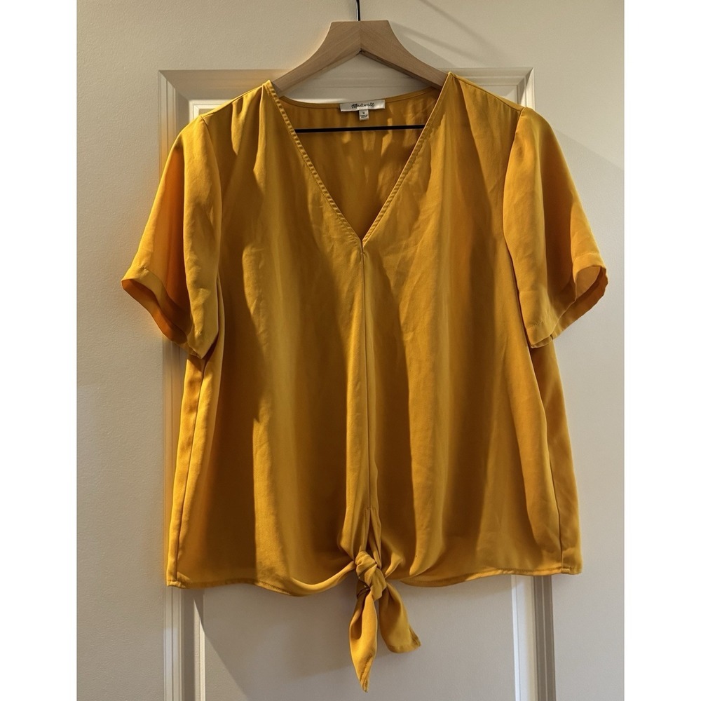 Madewell Mustard Yellow Tie Front Blouse Women's Medium V Neck Short Sleeve